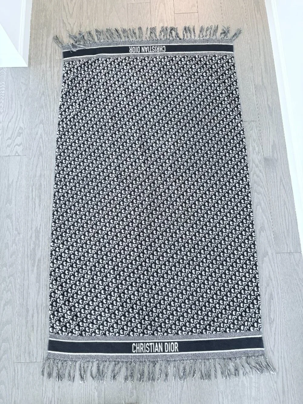 Christian Dior Navy Blue Oblique Beach Towel With Tassel Fringe